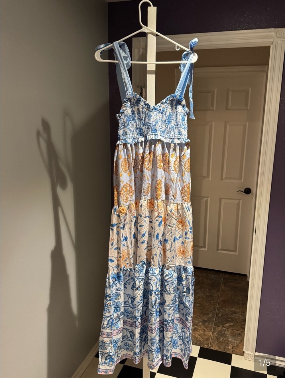 Bohemian Blue Floral Tiered Maxi Dress with Tie Straps - Picture 2 of 2